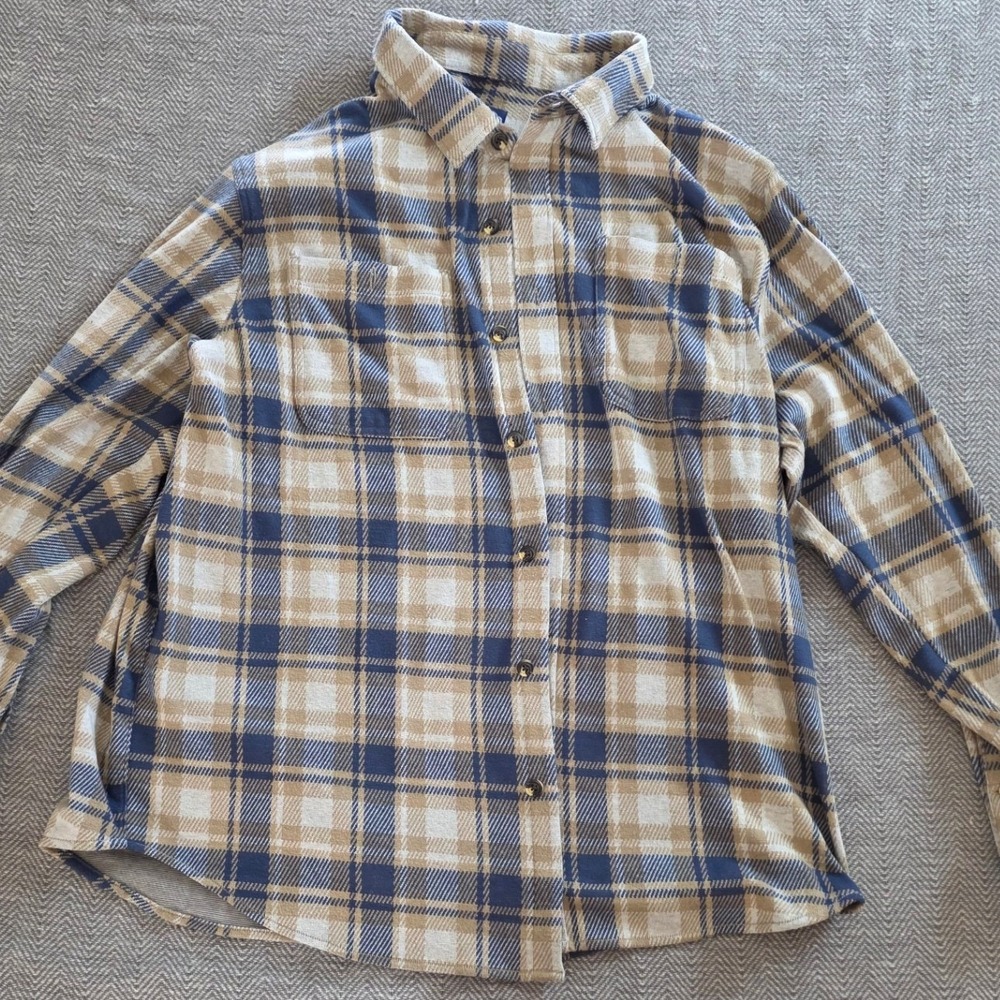 George Mens XL Blue Tan Plaid Flannel Button Down Shirt Long Sleeve Pocket